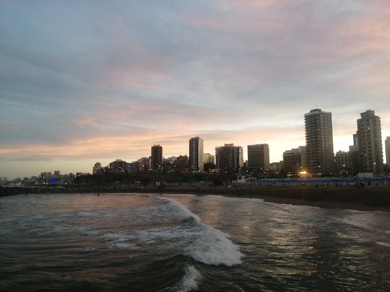 Building on the sea shore at sunset, Mar del Plata, Argentina